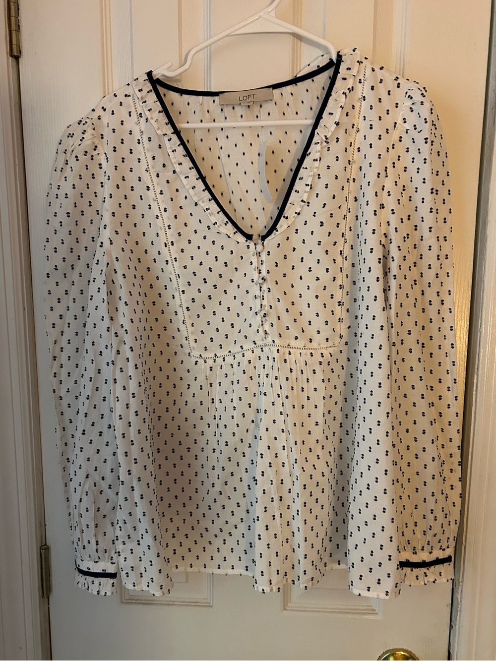 LOFT White Long-Sleeve Peasant Blouse with Navy Dot Print